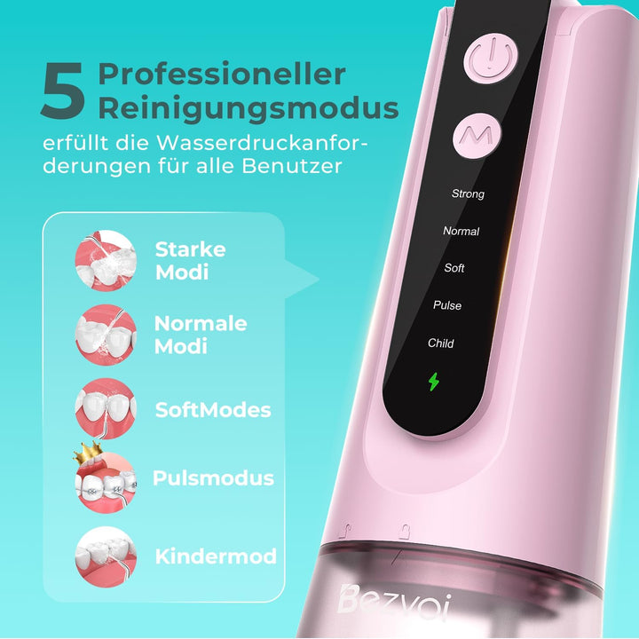 Bezvoi Munddusche Kabellos Water Flosser Zahnreinigung : LED-Anzeige 5 Modi Zahndusche & 6 Düsen, IP