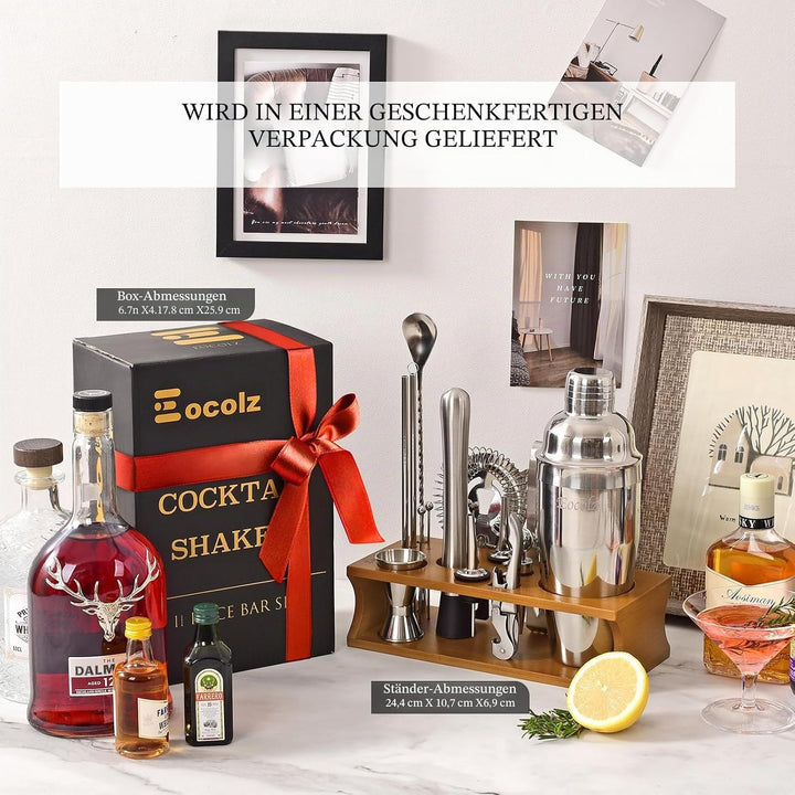 Cocktail Shaker Set mit Bambus Ständer & Rezeptbuch, Edelstahl 750ml Bar Cocktailset Cocktailshaker