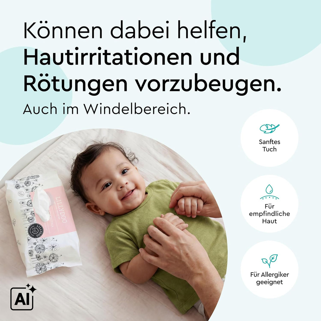 LILLYDOO Feuchttücher mit Präbiotika, 900 Stück (15 x 60),zur Stärkung der natürlichen Hautbarriere,