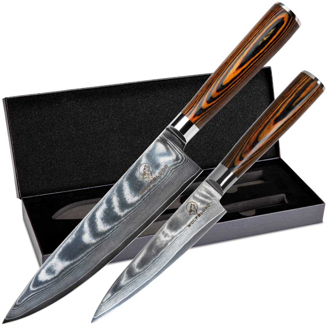 Wolfblood Damastmesser-Set 2er (32cm und 24cm) Profi-Damast-Küchenmesser Set aus 67 Lagen Damaststah