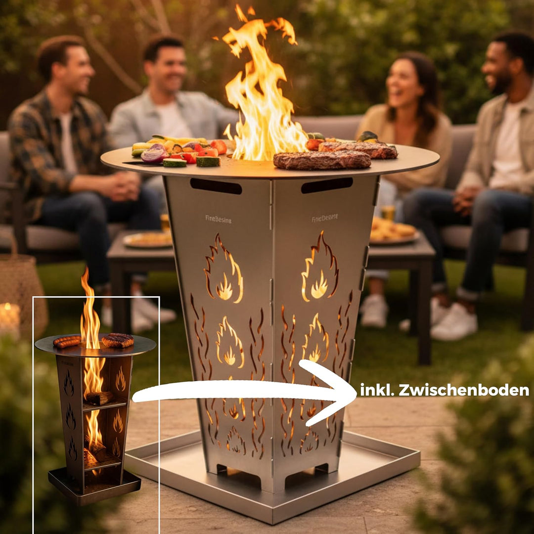 FireDesire Grill Pro Feuerkorb 80cm + Grillplatte + Ascheschale, Feuertonne, Feuerschale, Grilltonne