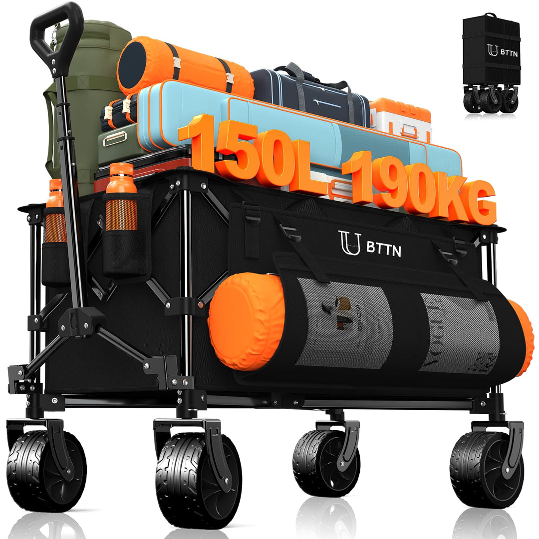 BTTN Bollerwagen faltbar 150L, Handwagen bis 190 kg Traglast, Klappwagen mit grossen 15 × 6 cm Gelän