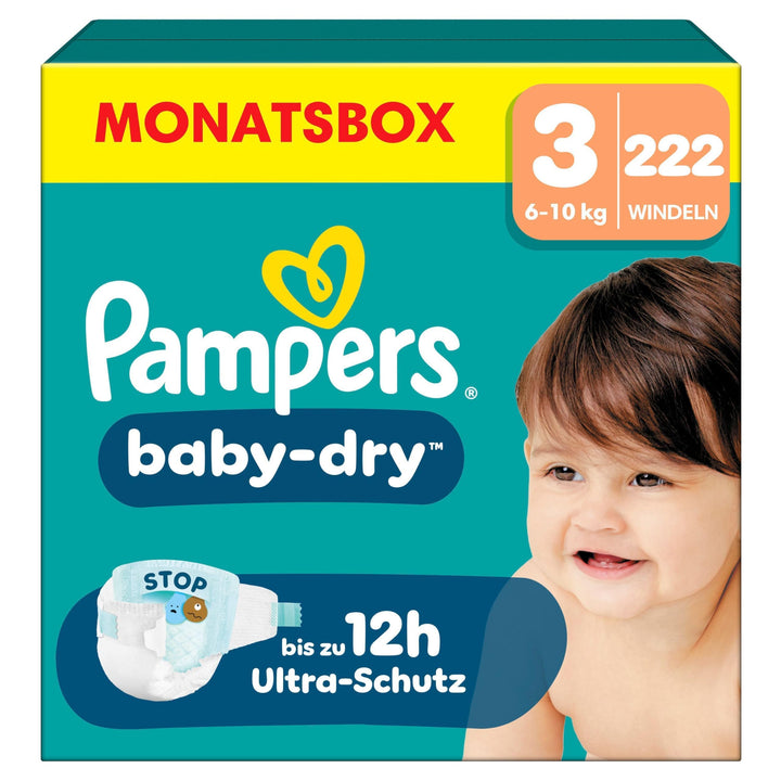 Pampers Baby-Dry Grösse 3, 222 Windeln, 6kg-10kg, Bis zu 100% Auslaufschutz & Komfort die ganze Nach