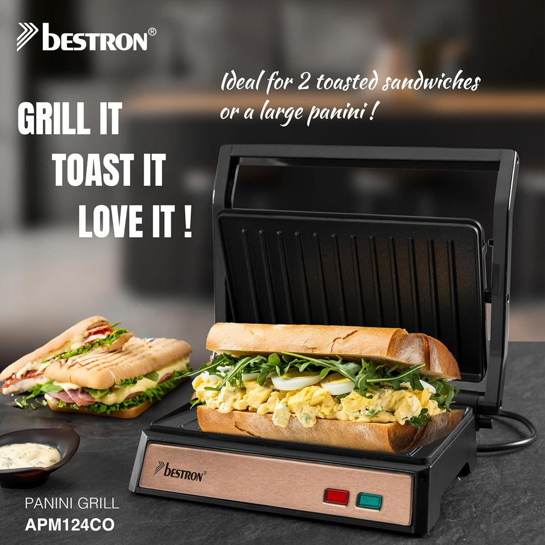 Bestron elektrischer Kontaktgrill mit Auffangschale, Sandwichmaker mit Cool-Touch-Handgriff & 180° Ö