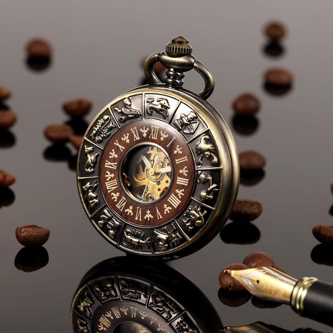 TREEWETO Unisex Holz Taschenuhr mit Kette Analog Handaufzug Römische Ziffern Mechanisch Steampunk Sk
