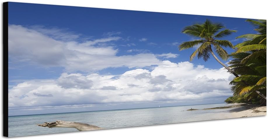 Paul Sinus Art Panoramabild auf Leinwand und Keilrahmen 150x50cm Strand Meer Wolken Palmen Holzstamm