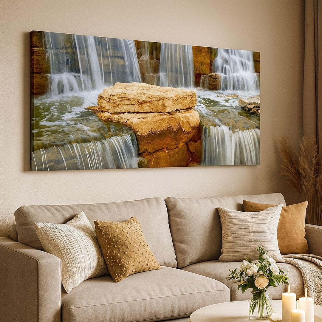 Panorama Bilder auf Leinwand 100x40cm Leinwandbild Wasserfall Steine Wasser Gross Wanddeko Bild Schl