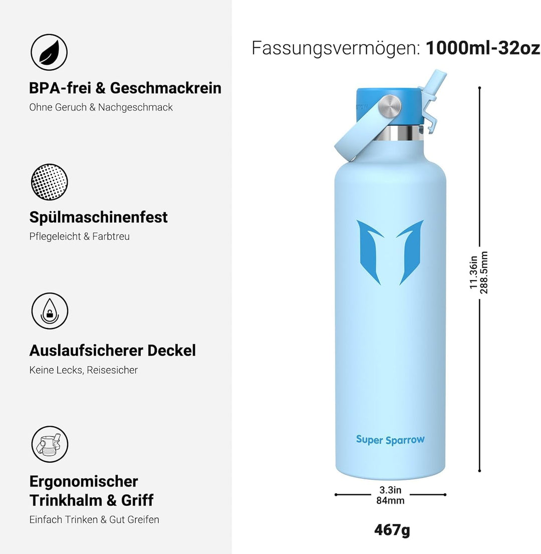 Super Sparrow Trinkflasche Edelstahl - Thermobecher - 350ml, 500ml, 750ml, 1L, 1.2L - FlipFlow Trink