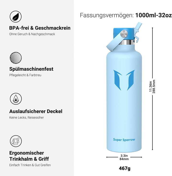 Super Sparrow Trinkflasche Edelstahl - Thermobecher - 350ml, 500ml, 750ml, 1L, 1.2L - FlipFlow Trink