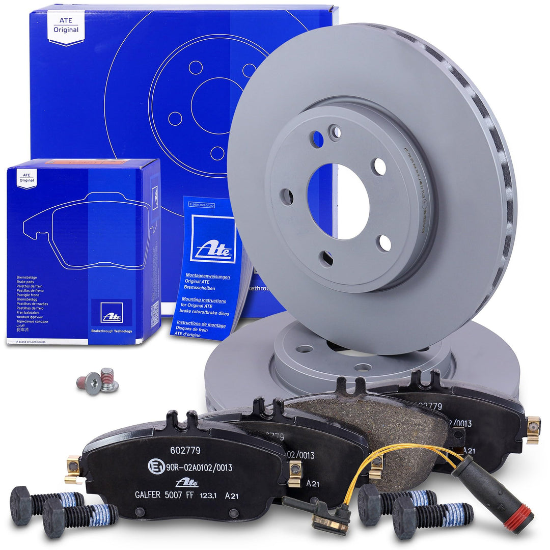 ATE Bremsenset Vorderachse inkl. Bremsscheiben vorne Ø 295 mm belüftet und Bremsbeläge vorne + Warnk