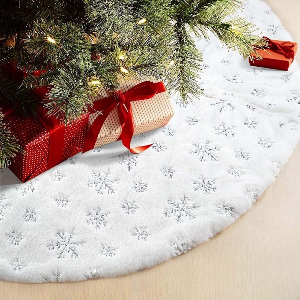 Weihnachtsbaum Rock Plüsch Rund Weichnachtsbaumdecke mit Pailletten Schneeflocke Christbaumständer T