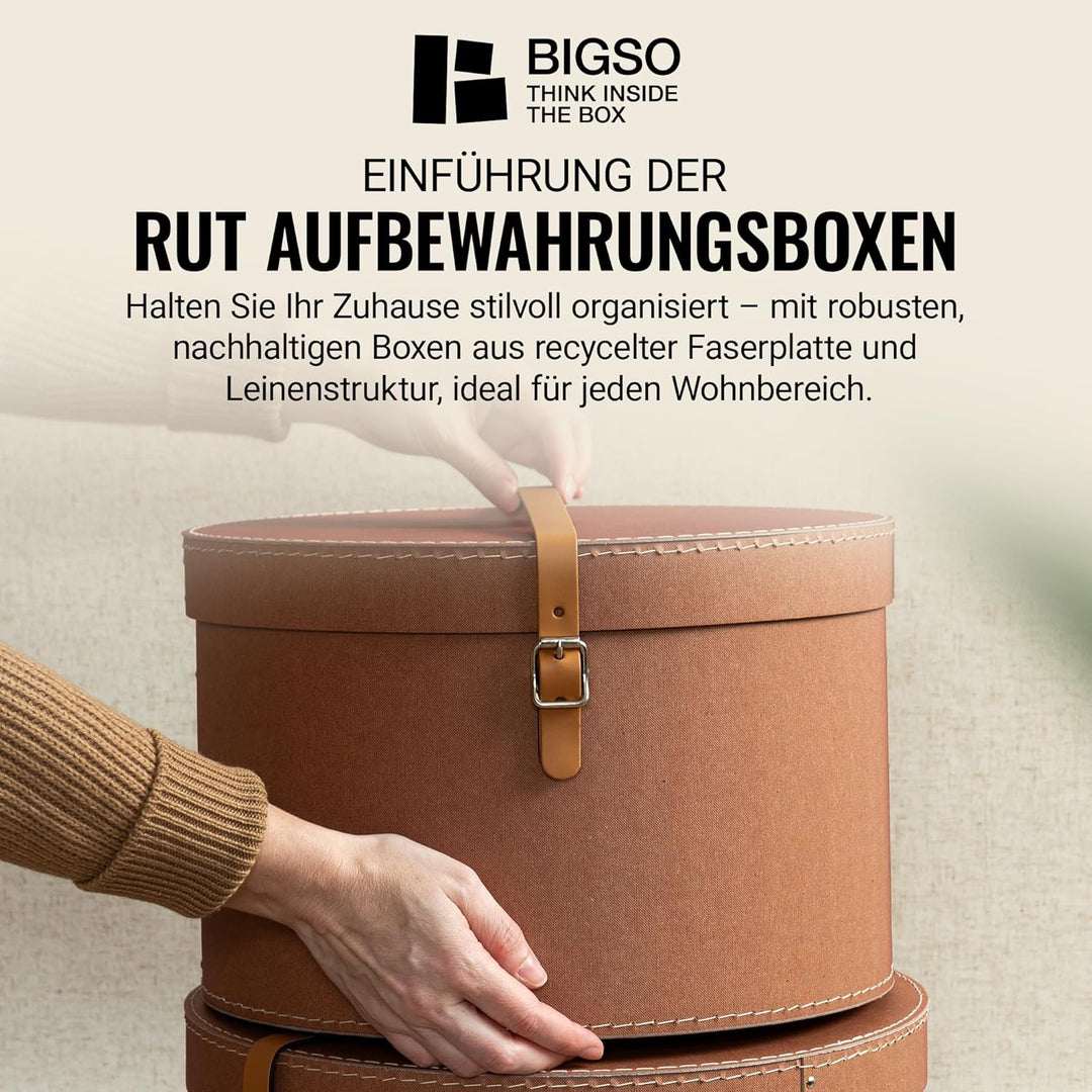 BIGSO RUT 2er-Set Aufbewahrungsbox mit Deckel – runde Ordnungsbox mit Lederriemen – grosse und klein