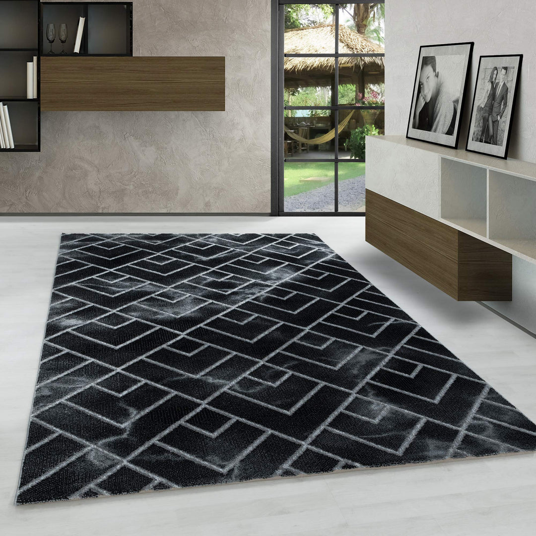 Carpetsale24 Modern Designer Teppich, Kurzflor Rauten - Marmor Optik, Rechteckig, Schwarz und Silber