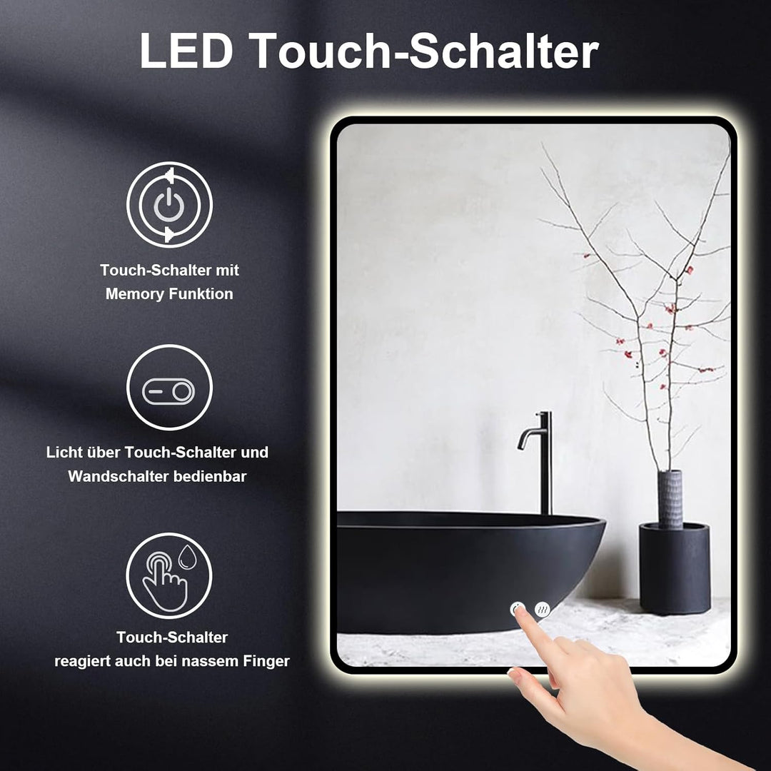 Badspiegel Led Beleuchtung Rechteck 60x80/80x60cm, Wandspiegel mit Antibeschlag und mit Touch Schalt