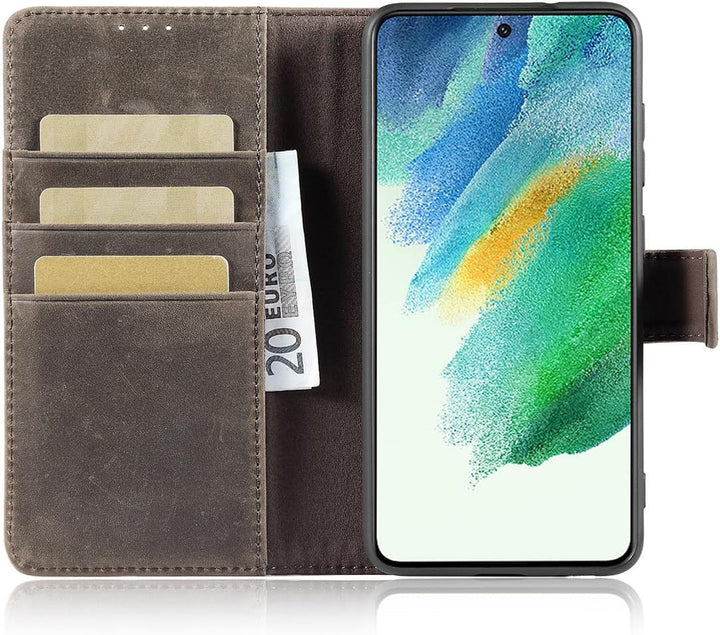 LENSUN Lederhülle für Samsung Galaxy S21 FE, Echtleder Handyhülle [Echtes Leder][RFID Schutz] Klappb