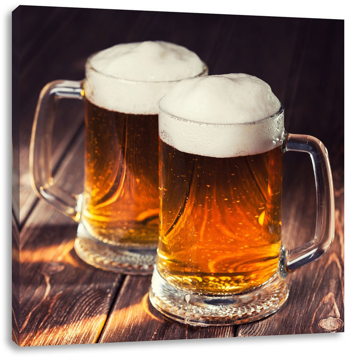 Zwei Masskrüge Bier, Format: 70x70 auf Leinwand, XXL riesige Bilder fertig gerahmt mit Keilrahmen, K