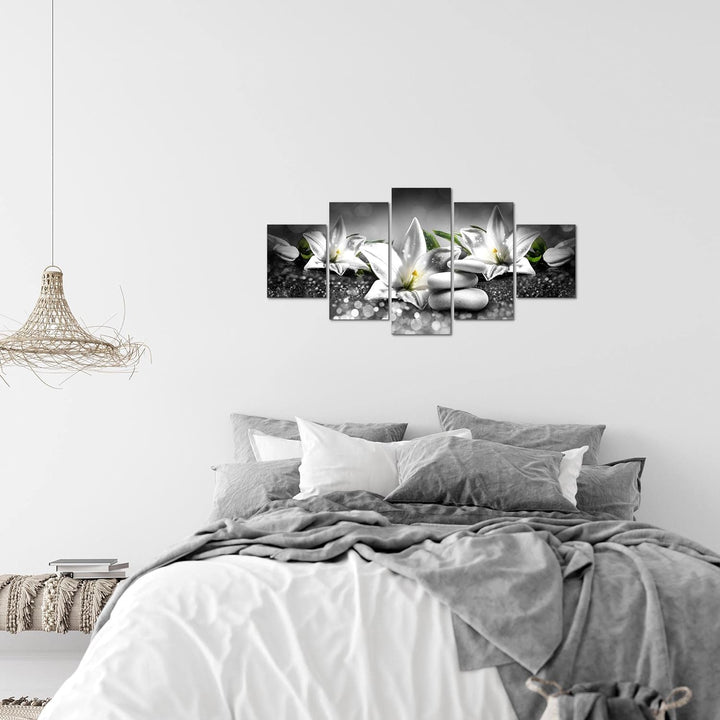 Runa Art Wandbilder Blumen Lilien 5 Teilig Bild auf Vlies Leinwand Deko Wohnzimmer Feng Shui Schwarz