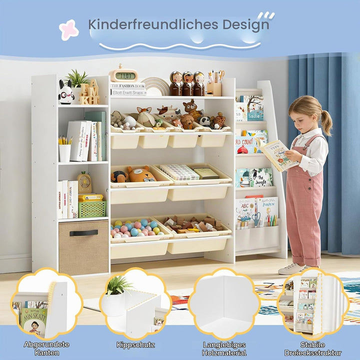 Kinderregal, Holz-Bücherregal mit 8 Aufbewahrungsboxen, Kinderzimmermöbel mit Spielzeugkiste für Sch