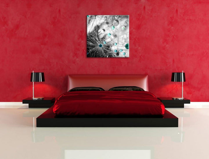 Pixxprint Wassertropfen auf Pusteblumensamen schwarz/weiss, Format: 70x70 auf Leinwand, riesige Bild