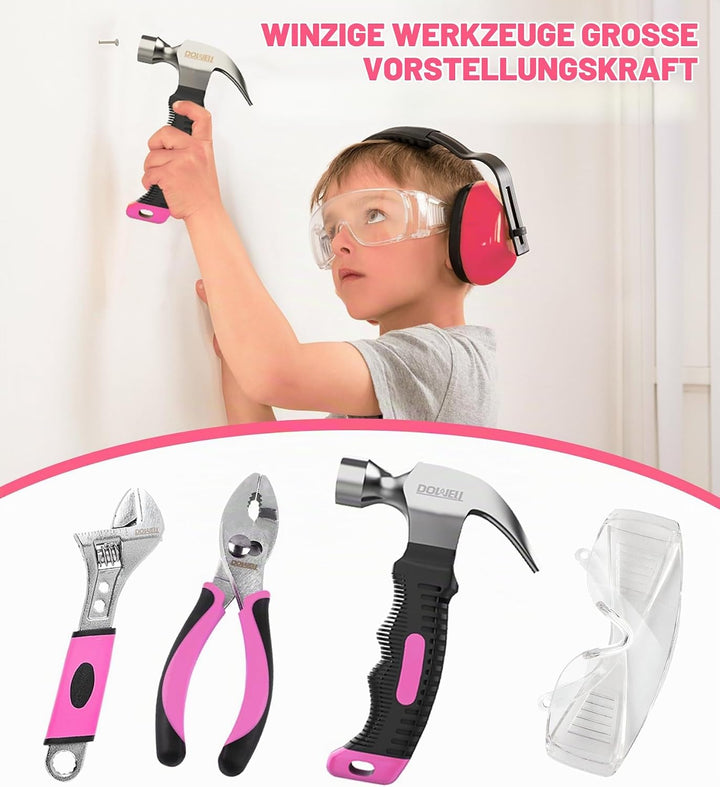 DOWELL 14 Stück Werkzeuge Set Pink, Werkzeugsatz mit Aufbewahrungstasche für Heimdekoration, DIY Geb