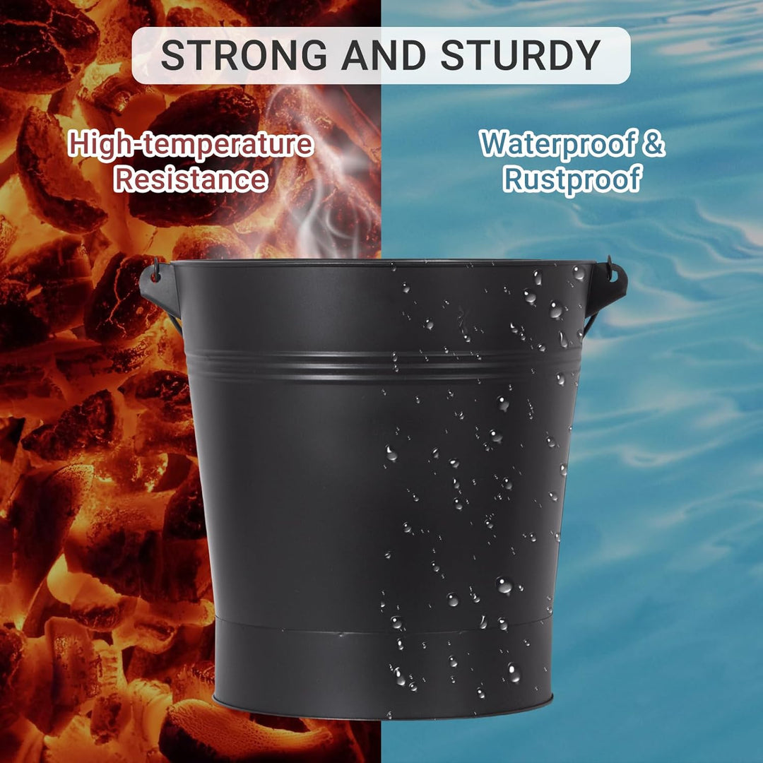 Todeco Ascheeimer Metall 24 L mit Deckel, Schaufel & Bürste, Hitzebeständiger, Holzgriff, Für Kamin,