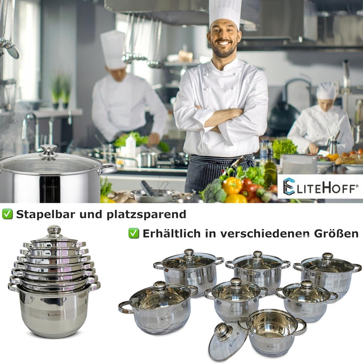 EliteHoff Kochtopf, 7-Lagen Edelstahl Topf Induktion Kochtöpfe Nudeltopf Suppentopf mit Glasdeckel f
