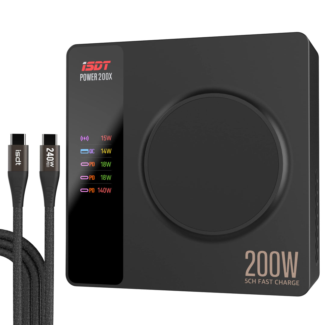 ISDT Power 200 Serie USB C Ladegerät,200W Handy Ladegerät mit 4 USB+1 Kabelloses Ladegerät,APP-Verbi