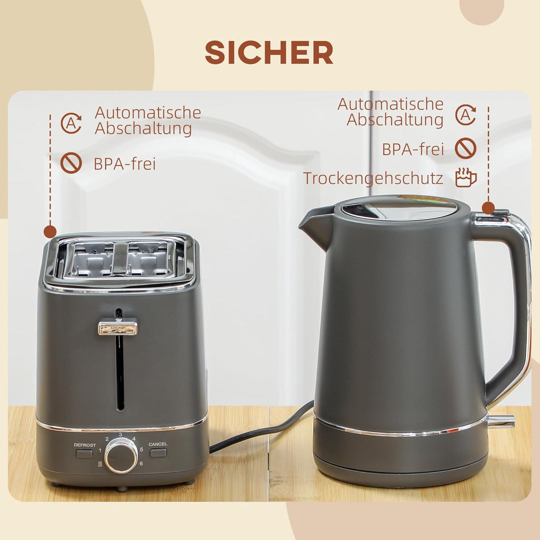 HOMCOM Wasserkocher Toaster Set 2200 W 1,7L Wasserkocher, 2 Scheiben Toaster, 6 Bräunungsstufen, Auf