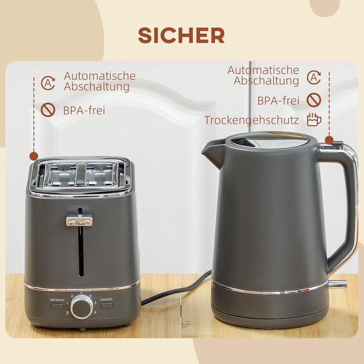 HOMCOM Wasserkocher Toaster Set 2200 W 1,7L Wasserkocher, 2 Scheiben Toaster, 6 Bräunungsstufen, Auf