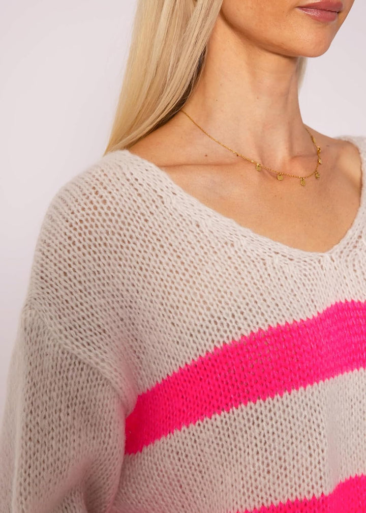 SASSYCLASSY Streifen Strickpullover Damen Oversize - Madie in Italy - grobmaschig V Ausschnitt Pulli