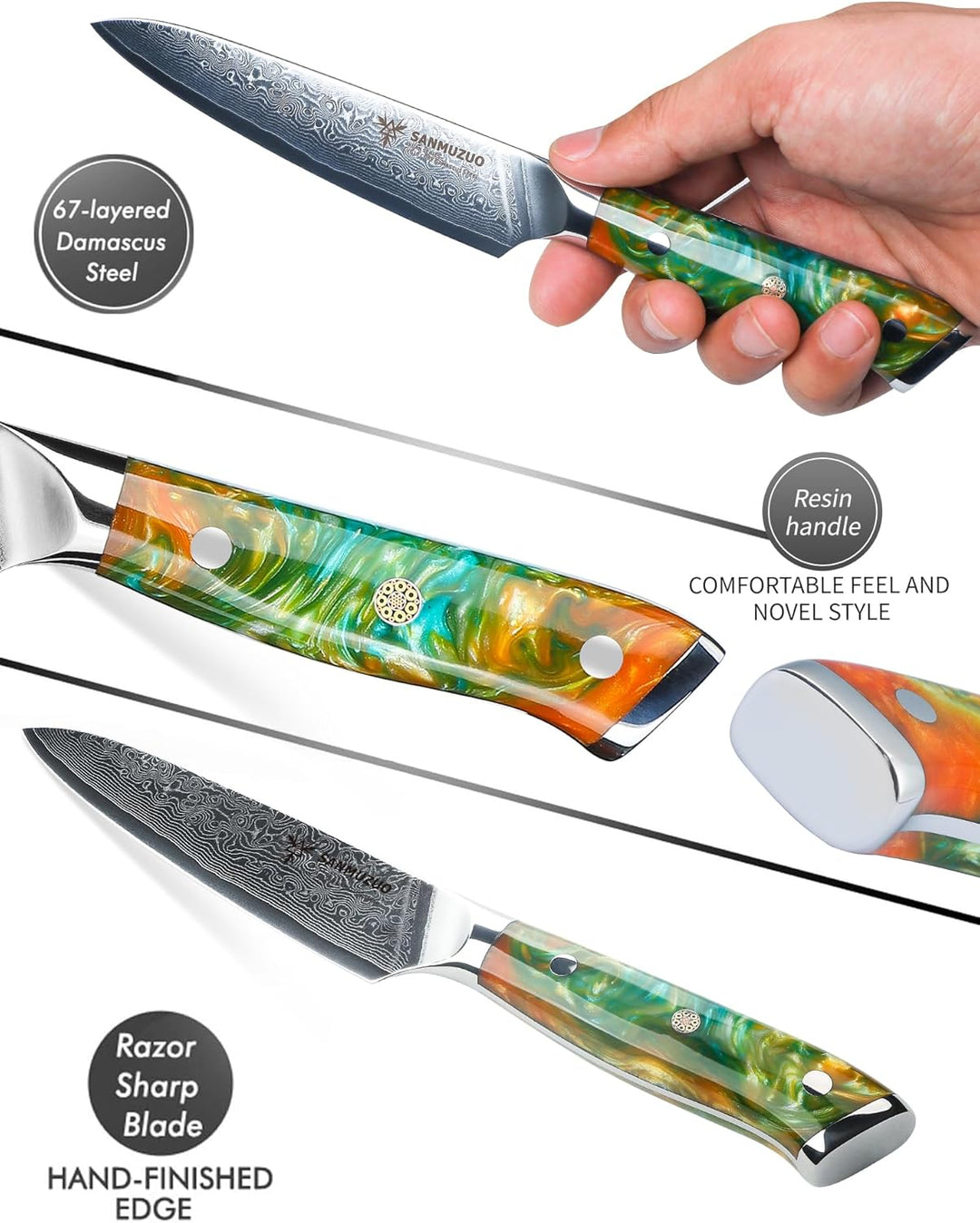 Allzweckmesser Damastmesser 13 cm Klingenlänge - Japanisches Kochmesser - VG 10 Damaskus Stahl Küche