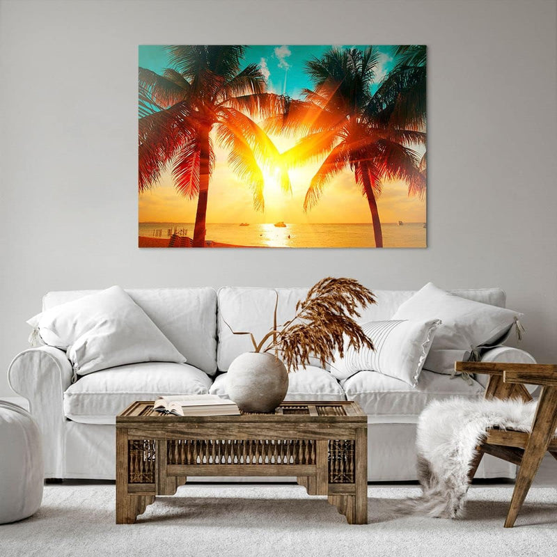 Bilder auf Leinwand 100x70cm Leinwandbild mit Rahmen Meer Palme Wasser Gross Wanddeko Bild Schlafzim