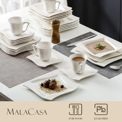 MALACASA, Serie Amparo, 60 TLG. Cremeweiss Porzellan Geschirrset Tafelservice mit Kaffeeservice, Des