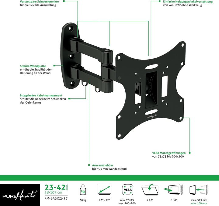 PureMounts PM-Basic2-37 flache Wandhalterung, neigbar, schwenkbar, ausziehbar, f▒r Fernseher / Monit