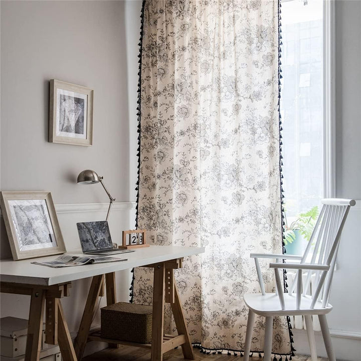 Boho Vintage Gardinen mit Quaste Halbverdunkelungsvorhänge mit Ösen Baumwolle Leinen Dekoschal für W