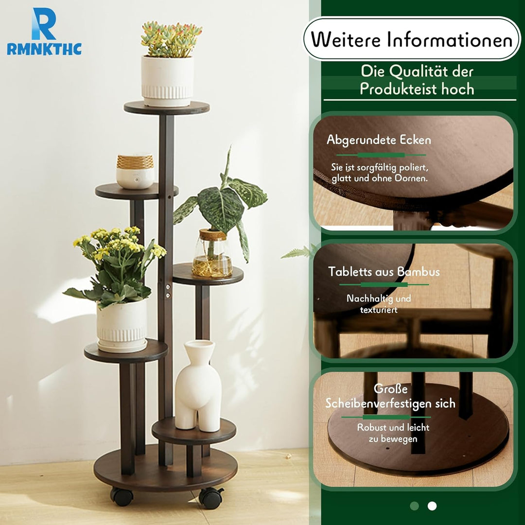 Bambus Blumenregal mit Rollen | 5-stufig 20kg Traglast | Naturmaterial wasserfest | Einfache Montage