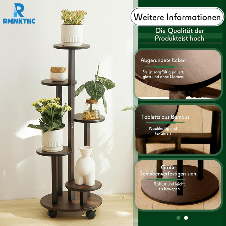 Bambus Blumenregal mit Rollen | 5-stufig 20kg Traglast | Naturmaterial wasserfest | Einfache Montage