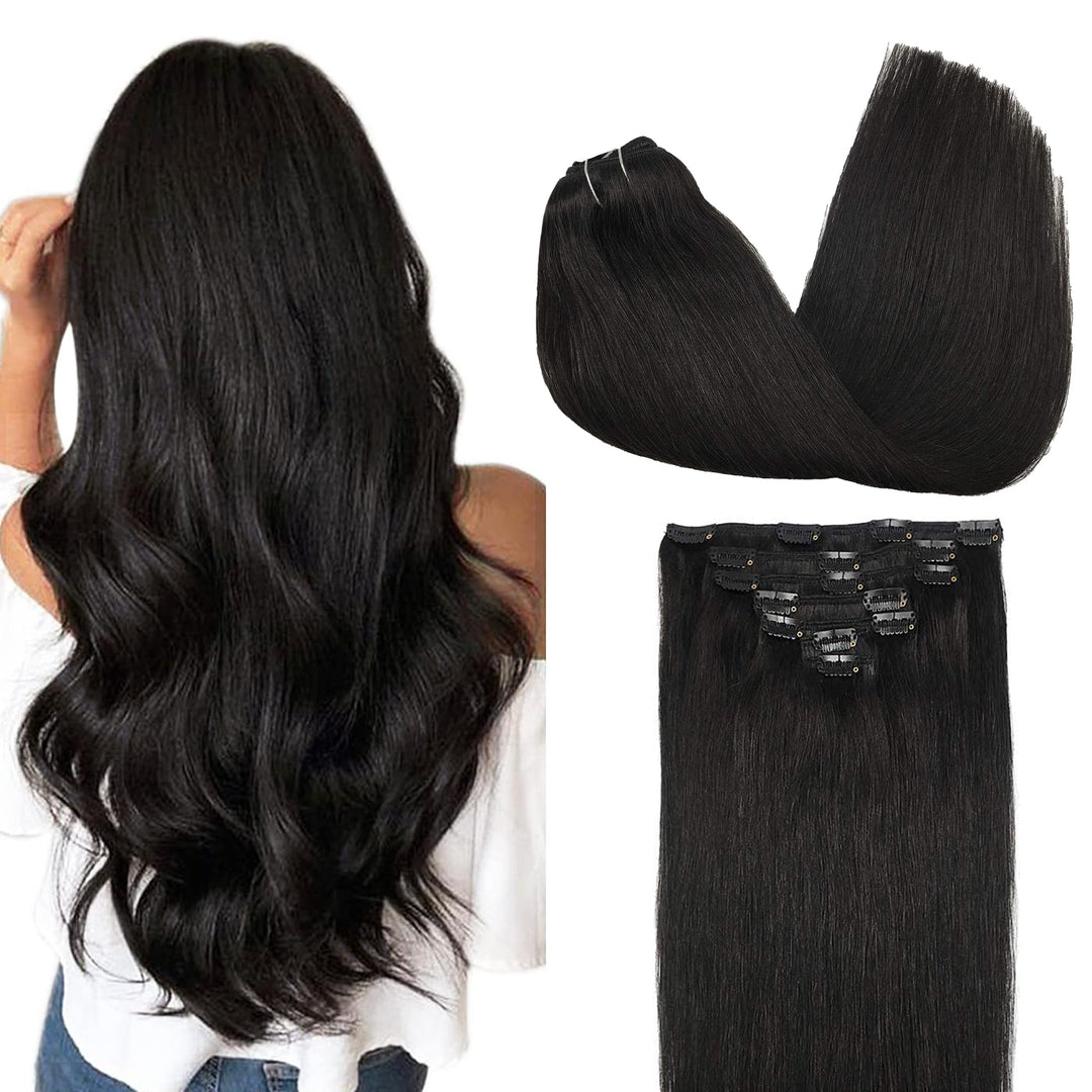 GOO GOO Clip in Extensions Echthaar, Echthaar Extensions Clip, 35cm 120g 7pcs, Clip In Haarverlänger