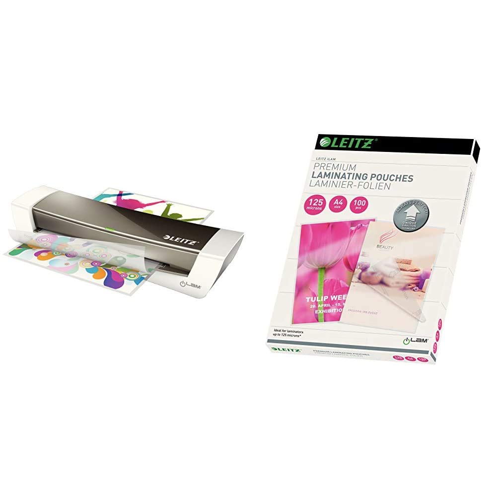 Leitz Laminiergerät, Metallic grau, A4, Home Office, iLam, WOW, 73680089 &amp; Heisslaminierfolien, Glän