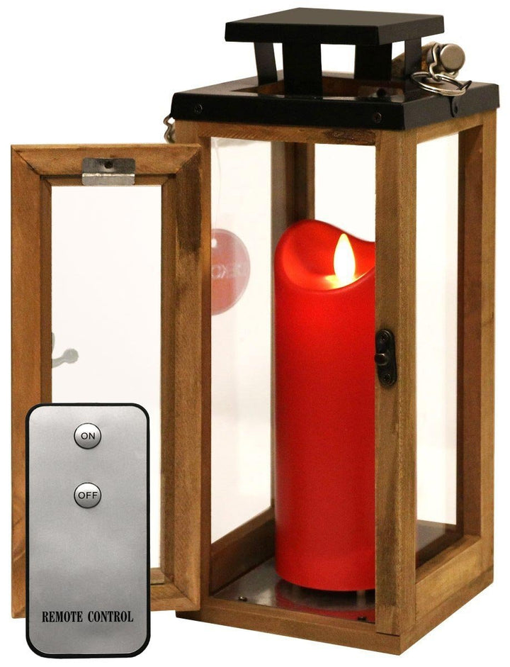 Dekovita 30cm Holz-Laterne - Gartenlaterne inkl. 18cm Outdoor LED Kerze in Rot mit Timer Fernbedienu