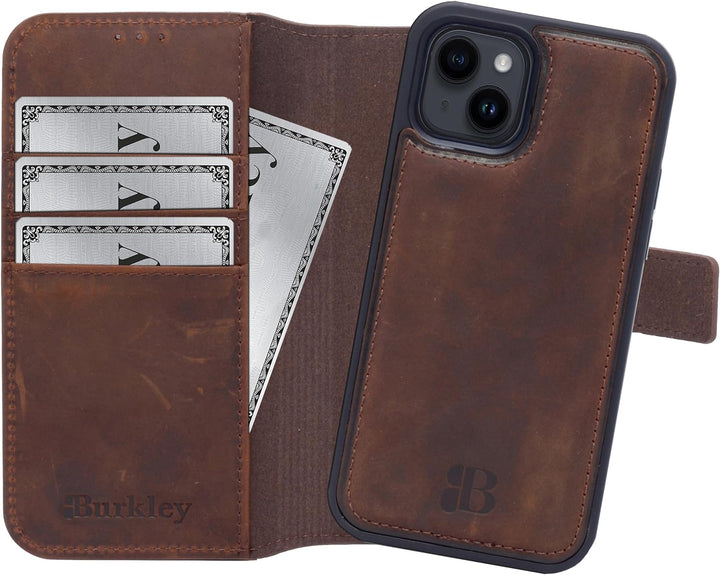 Burkley 2in1 Leder Handytasche für iPhone 13 Handyhülle mit herausnehmbarem Back Cover, 360° Schutz