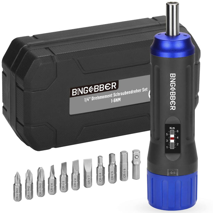 BINGCOBBER Drehmomentschrauber Set 1-6 Nm 12tlg.mit Kunststoffkoffer für Fahrrad Reparatur mit Bitha