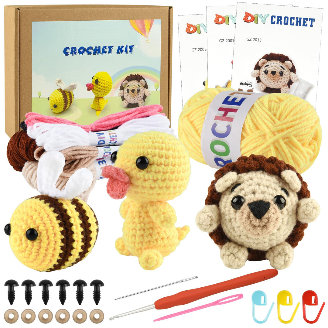 ASTARON Crochet Kit, Häkelset für Erwachsene und Kinder, 3 süsse Häkeltiere – Igel, Biene, Ente, Häk
