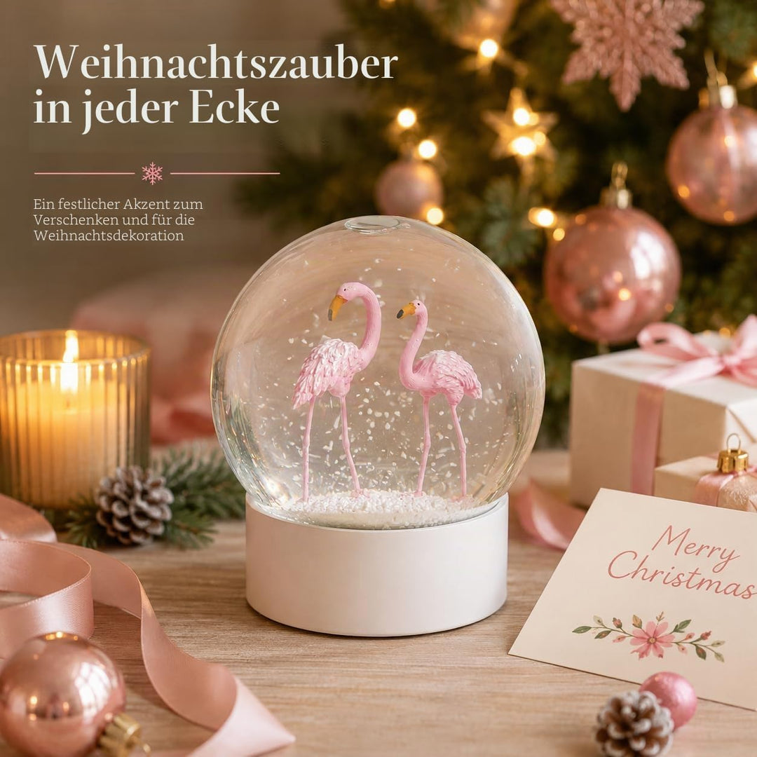 Mingfuxin Flamingo Schneekugel Kristallkugel mit weissem Sockel, weisse Flocken, Glas-Schneekugel Fl