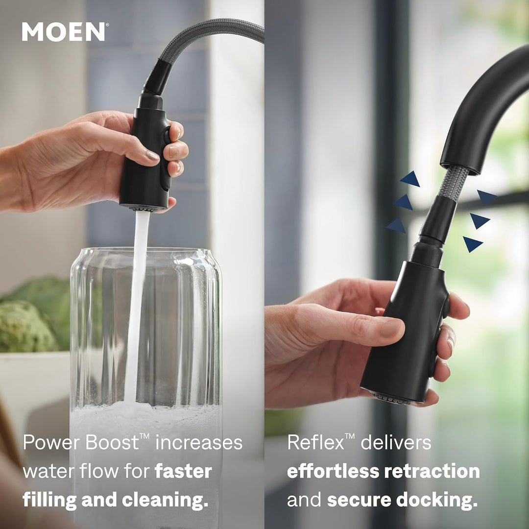 Moen Schlanke, mattschwarze Einhand-Küchenarmatur mit PowerBoost-Technologie für schnelleren Wasserf