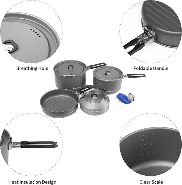 Fire-Maple Feast 4 Camping-Kochgeschirr-Set Outdoor-Kochset mit Topf, Wasserkocher, Pfanne, Schalen