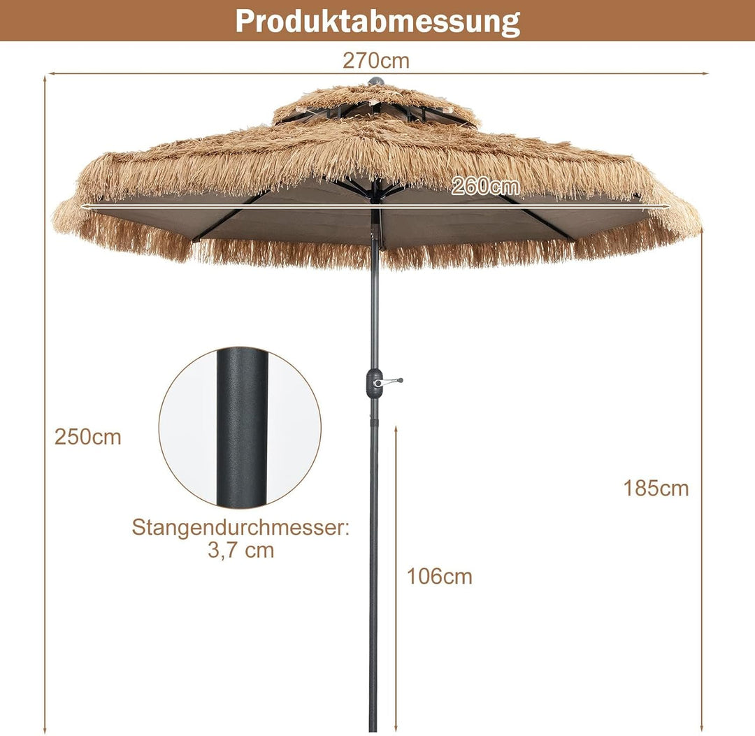 GOPLUS Sonnenschirm Hawaii, Ø 270 cm Sonnenschirm Stroh um 30° knickbar, Strandschirm mit Kurbel, St