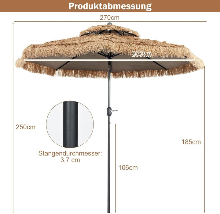 GOPLUS Sonnenschirm Hawaii, Ø 270 cm Sonnenschirm Stroh um 30° knickbar, Strandschirm mit Kurbel, St