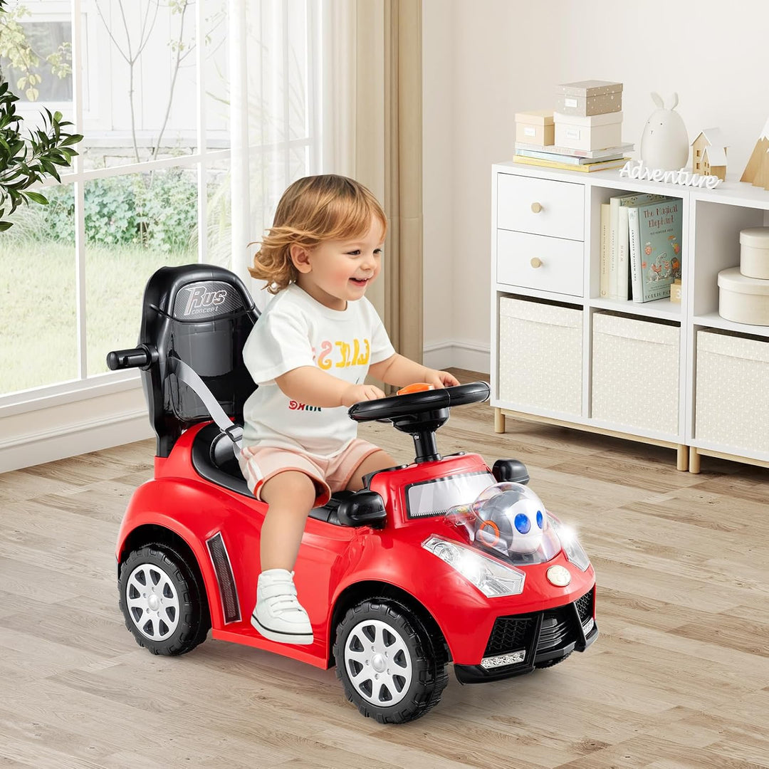 COSTWAY 3-in-1 Rutschauto mit Schiebestange, Rutschfahrzeug mit Hupe, Musik, Licht & Sicherheitsgurt