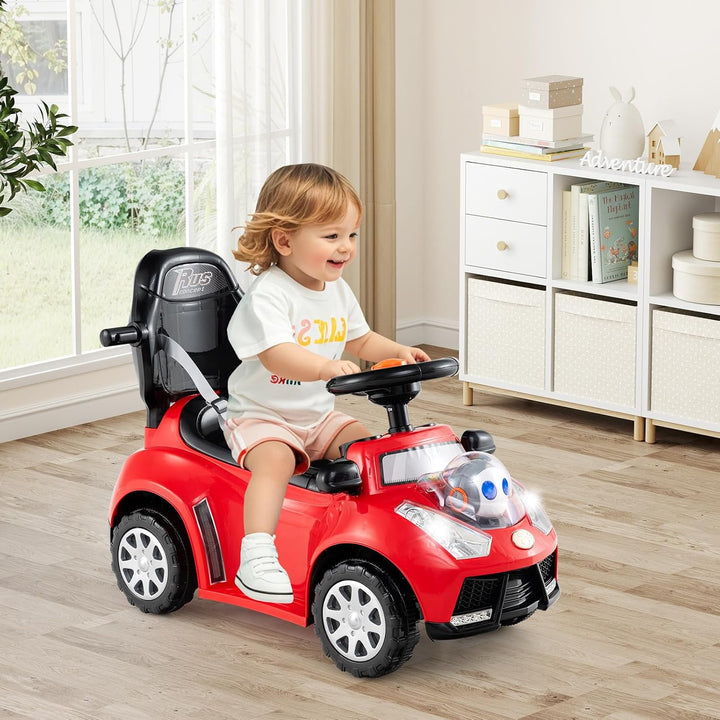 COSTWAY 3-in-1 Rutschauto mit Schiebestange, Rutschfahrzeug mit Hupe, Musik, Licht & Sicherheitsgurt